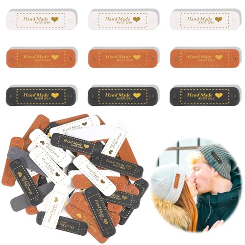KWJEIULSOQ 60 Stück Handmade Label Zum Annähen Handmade Label Personalisiert PU Handmade label Zum Annähen Tags Handgemacht Etiketten Nähen Leder Etiketten mit Löchern Lederetiketten Zum Annähen DIY von KWJEIULSOQ