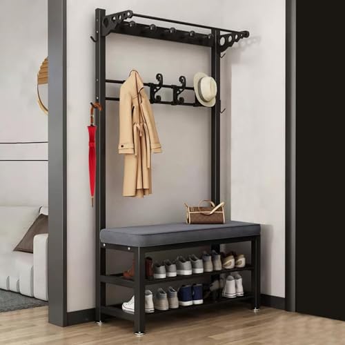 KWMAEEUID Garderobenständer mit Schuhregal und Haken, Flurgarderobe mit Bank und Regalen, freistehender Flurbaum, einfach zu montieren, für Wohnzimmer, Flur, schwarz, 80 cm von KWMAEEUID