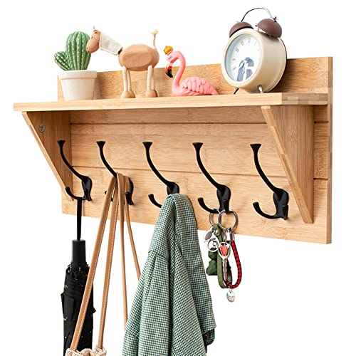 KWMAEEUID Kleiderhaken mit Ablage zur Wandmontage, Holz-Garderobenhaken für die Wand mit Ablage, Wand-Garderobenhakenleiste mit 5 Doppelhaken für Badezimmer, Wohnzimmer, Schlafzimmer KWMAEEUID Kleiderhaken mit Ablage zur Wandmontage, Holz-Garderobenhaken für die Wand mit Ablage, Wand-Garderobenhakenleiste mit 5 Doppelhaken für Badezimmer, Wohnzimmer, Schlafzimmer von KWMAEEUID