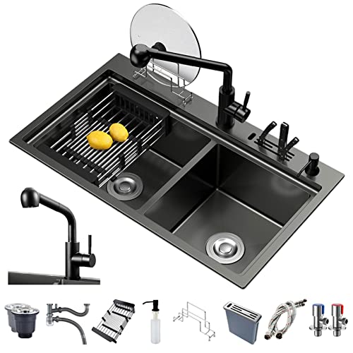 KWMAEEUID Küchenspüle-Doppelbecken-Set, schwarzes Edelstahl-Küchenspülbecken, 6/10-teiliges Kit, komplettes Zubehör, Drop-in-Aufsatz- oder Unterbau-Nano-Multifunktions-Doppelspüle (E 78 x KWMAEEUID Küchenspüle-Doppelbecken-Set, schwarzes Edelstahl-Küchenspülbecken, 6/10-teiliges Kit, komplettes Zubehör, Drop-in-Aufsatz- oder Unterbau-Nano-Multifunktions-Doppelspüle (E 78 x von KWMAEEUID