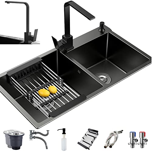 KWMAEEUID Küchenspüle-Doppelbecken-Set, schwarzes Küchenspüle-8-teiliges Kit, komplettes Zubehör, verdicktes, handgefertigtes Doppelwaschbecken, zum Einhängen oder Unterbauen (E 82 x 45 c KWMAEEUID Küchenspüle-Doppelbecken-Set, schwarzes Küchenspüle-8-teiliges Kit, komplettes Zubehör, verdicktes, handgefertigtes Doppelwaschbecken, zum Einhängen oder Unterbauen (E 82 x 45 c von KWMAEEUID