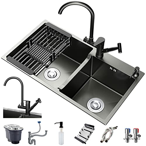 KWMAEEUID Küchenspüle Doppelbecken-Set 75 x 41 cm, schwarzes Edelstahl-Küchenspüle, 8-teiliges Set, komplettes Zubehör, verdicktes handgefertigtes Doppelwaschbecken mit Abfluss-Set (D)/E/8 von KWMAEEUID