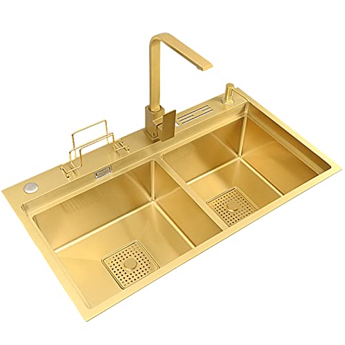 KWMAEEUID Küchenspüle Gold Edelstahl Doppelbeckenspüle Nano Haushalt Handgefertigtes Gemüsewaschbecken mit quadratischem Wasserhahn/78 * 46 cm KWMAEEUID Küchenspüle Gold Edelstahl Doppelbeckenspüle Nano Haushalt Handgefertigtes Gemüsewaschbecken mit quadratischem Wasserhahn/78 * 46 cm von KWMAEEUID