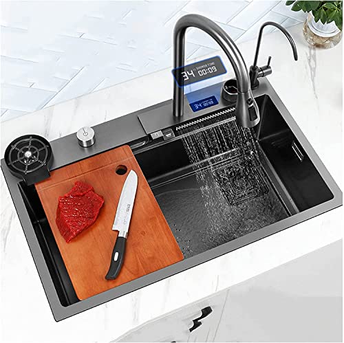 KWMAEEUID Küchenspüle mit Wasserfall und Temperaturkontrollanzeige, Drop-in-Top- oder Under-Mount-Einzelbecken-Bauernhaus-Arbeitsplatz-Spülen-Kit/Schwarz/68 * 46 cm KWMAEEUID Küchenspüle mit Wasserfall und Temperaturkontrollanzeige, Drop-in-Top- oder Under-Mount-Einzelbecken-Bauernhaus-Arbeitsplatz-Spülen-Kit/Schwarz/68 * 46 cm von KWMAEEUID