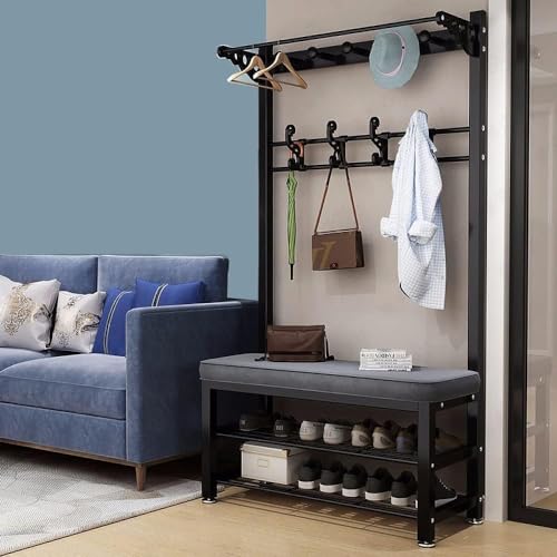KWMAEEUID Metallgarderobe mit Schuhbank und Haken, multifunktionale Eingangsbank mit Garderobe, einfach zu montieren für Wohnzimmer, Flur, Schwarz, 80 cm von KWMAEEUID