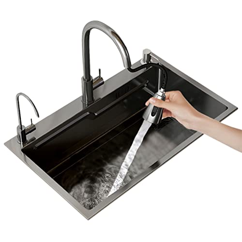 KWMAEEUID Spülbecken, Küchenspüle mit ausziehbarem Wasserhahn, schwarz, grau, quadratisch, Edelstahlspüle mit Unterlegscheibe, Einbau- oder Unterbau-Installation/schwarz/72 x 45 cm KWMAEEUID Spülbecken, Küchenspüle mit ausziehbarem Wasserhahn, schwarz, grau, quadratisch, Edelstahlspüle mit Unterlegscheibe, Einbau- oder Unterbau-Installation/schwarz/72 x 45 cm von KWMAEEUID