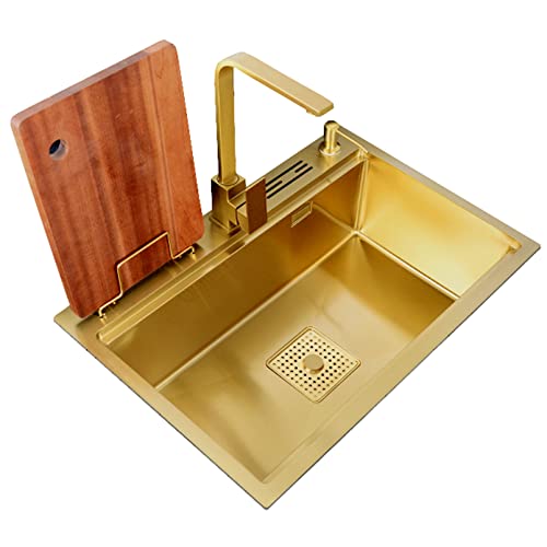 KWMAEEUID Spüle Gold Küchenspüle Edelstahl Nano Einzelrille Haushaltsspüle Waschbecken mit quadratischem Wasserhahn + Unterbaubecken + Halter/Gold,Grau/75 * 46 cm KWMAEEUID Spüle Gold Küchenspüle Edelstahl Nano Einzelrille Haushaltsspüle Waschbecken mit quadratischem Wasserhahn + Unterbaubecken + Halter/Gold,Grau/75 * 46 cm von KWMAEEUID