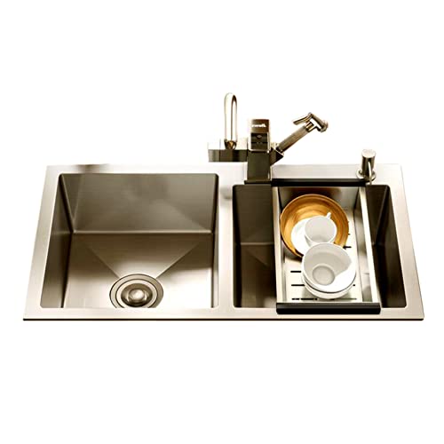 KWMAEEUID Spüle Küchenspüle Aufsatz-Barspülen mit ausziehbarem Wasserhahn Edelstahl-Doppelbecken 2-Loch-Aufsatz-Bar-Einbauspüle/Silber/80 * 45 cm von KWMAEEUID