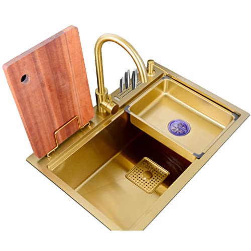 KWMAEEUID Waschbecken Gold Küchenspüle mit Wasserhahn + Unterbauwaschbecken + Holdernano Single Groove Haushaltsgemüsespüle/Gold,Grau/68 * 46 cm KWMAEEUID Waschbecken Gold Küchenspüle mit Wasserhahn + Unterbauwaschbecken + Holdernano Single Groove Haushaltsgemüsespüle/Gold,Grau/68 * 46 cm von KWMAEEUID