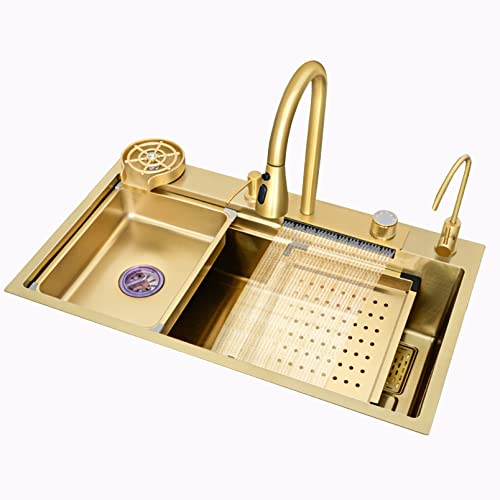 KWMAEEUID Waschbecken Goldene Küchenspüle Wasserfall Wasserhahn Großes Einzelschlitz-Haushaltsgeschirrspülbecken Gemüsebecken/68 * 45 cm KWMAEEUID Waschbecken Goldene Küchenspüle Wasserfall Wasserhahn Großes Einzelschlitz-Haushaltsgeschirrspülbecken Gemüsebecken/68 * 45 cm von KWMAEEUID