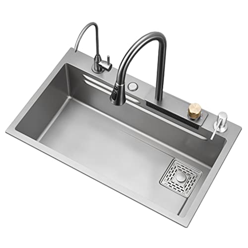 KWMAEEUID Waschbecken Küche Nano-Waschbecken mit Zughahn Verdickungspistole Grauer Wasserfall-Wasserhahn Großes Einzelwaschbecken/Grau, Grau, Silber/68 * 45 cm KWMAEEUID Waschbecken Küche Nano-Waschbecken mit Zughahn Verdickungspistole Grauer Wasserfall-Wasserhahn Großes Einzelwaschbecken/Grau, Grau, Silber/68 * 45 cm von KWMAEEUID