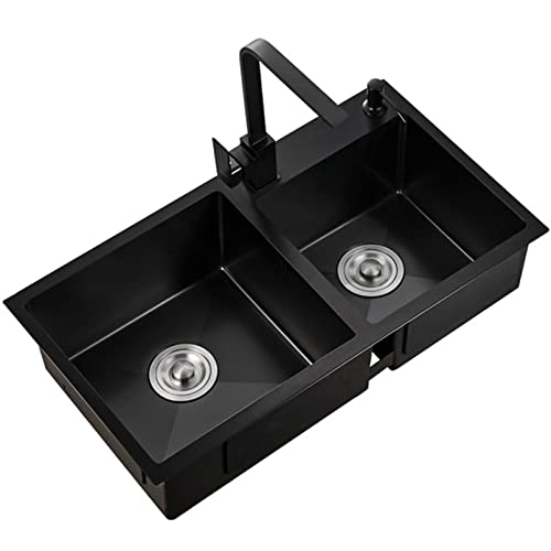 KWMAEEUID Waschbecken Küchenspülen mit quadratischem Wasserhahn, schwarzer Edelstahl, gebürstet, verdickt, Doppelwaschbecken, Drop-In- oder Unterbau-Installation/Schwarz/80 * 45 cm KWMAEEUID Waschbecken Küchenspülen mit quadratischem Wasserhahn, schwarzer Edelstahl, gebürstet, verdickt, Doppelwaschbecken, Drop-In- oder Unterbau-Installation/Schwarz/80 * 45 cm von KWMAEEUID