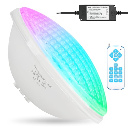 KWODE 36W LED Poolbeleuchtung PAR56, Externe Synchronisation mit Fernbedienung, 12V RGB Timing 2/4/6H Schwimmbadbeleuchtung, IP68 Wasserdichter Pool Lampe Licht mit Fernbedienung (1 Stück) von KWODE