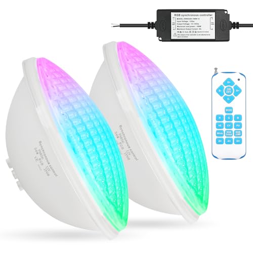 KWODE 36W LED Poolbeleuchtung PAR56, Externe Synchronisation mit Fernbedienung, 12V RGB Timing 2/4/6H Schwimmbadbeleuchtung, IP68 Wasserdichter Pool Lampe Licht mit Fernbedienung (2 Stück) von KWODE