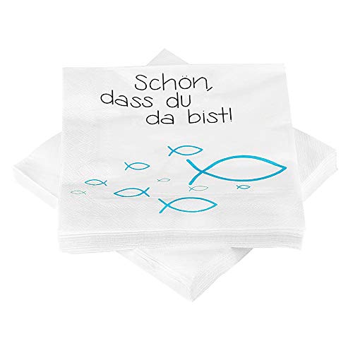 KWODE 40 Servietten für Taufe, Kommunion, Konfirmation, 72 Stücke Holz Fische Deko, Partygeschirr Blau Weiß Lchtus Fische Partyzubehör Dekoration für Festliche Anlässe von KWODE