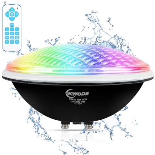 KWODE 40W LED Poolbeleuchtung PAR56, RGB Poolscheinwerfer Timing 2/4/6H IP68 Wasserdichter Pool Lamp Unterwasser mit Fernbedienung, Unterwasserscheinwerfer 12V AC/DC von KWODE