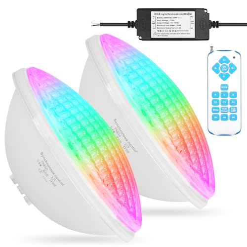 KWODE 54W LED Poolbeleuchtung PAR56, 12V RGB Timing 2/4/6H Schwimmbadbeleuchtung, Externe Synchronisation mit Fernbedienung, IP68 Wasserdichter Pool Lampe Licht mit Fernbedienung (2 Stück) von KWODE