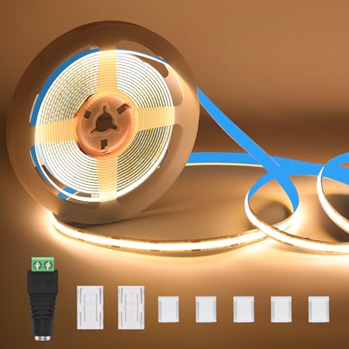 KWODE COB LED Streifen 3000K warmweiß, 5M 320LEDs/M Dimmbar COB LED Strip, 12V DC Flexibel Lichtleiste CRI 90+ für Wohnzimmer Schlafzimmer Küche DIY Dekoration （Ohne Strom und Fernbedienung） von KWODE