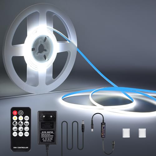 KWODE COB LED Strip 6000 K White Light, 2 m 768 LEDs Dimmable 3 mm Wide COB LED Strip, 12 V DC Flexible Light Strip with Power Supply and RF Remote Control for Living Room Bedroom Kitchen DIY von KWODE