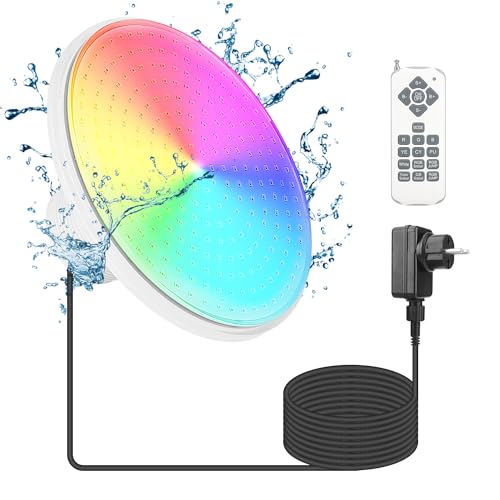 KWODE LED Poolbeleuchtung Unterwasser für Aufstellpool, 24W RGB Dimmbar Frame Pool Poolbeleuchtung mit Fernbedienung, 12V LED Unterwasserscheinwerfer mit 7m Kabel, Außengewinde 2 ¼ Zoll von KWODE