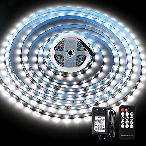 KWODE LED Strip 5M Kaltweiß, Streifen mit Fernbedienung, 6000K Dimmbar Led Lichtband Selbstklebend, Led Band mit 12V Netzteil für Küchen, Wohnmobil, Innen Hintergrund, Indirekte Beleuchtung von KWODE