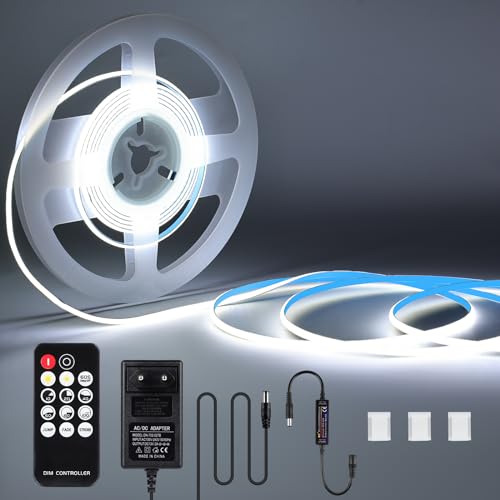 KWODE LED Strip White Light 3 m, 12 V 6000 K Dimmable COB LED Strip 3 mm Wide, 384 LEDs/M Flexible Light Strip with Power Supply and RF Remote Control for Living Room Bedroom Kitchen Decoration von KWODE