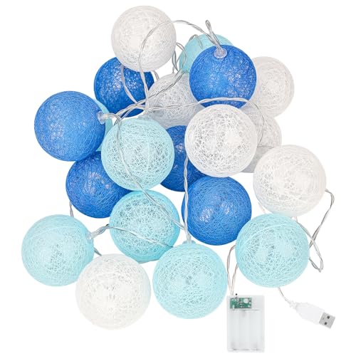 KWODE Lichterkette Innen, Blau Cotton Ball Lichterkette, 3.5M LED Kugeln Light für Mädchen, Kinder, Baby, Teenager, Hausbett, Zimmer Deko, USB Oder Batterie Betrieben, Ø 6CM Blue Lichterkette von KWODE