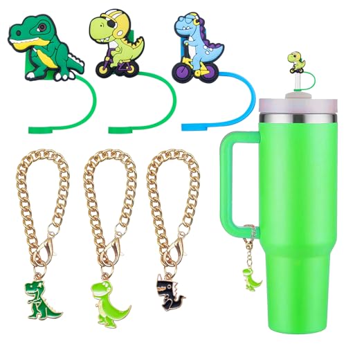 Dinosaurier-Stroh-Abdeckkappe, kompatibel mit Stanley Cup-Zubehör, Dinosaurier-Stroh-Topper 8 mm für Stanley-Becher (3 Kappen + 3 Ketten) von KWOYOS