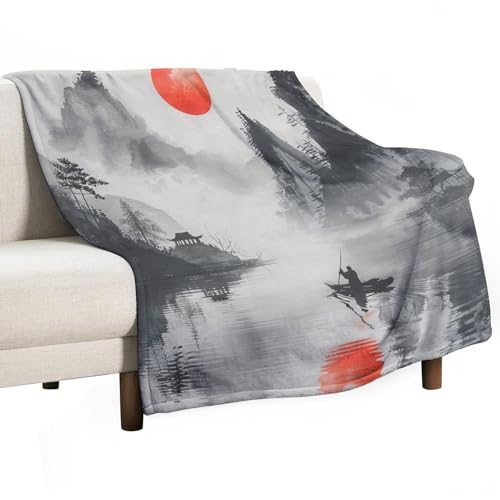 Flanell-Überwurfdecke mit chinesischem See und Bergen, weich, leicht, gemütlich, warm, asiatisches Schiff, Sonne, Naturlandschaft, Decken für Couch, Bett, Reisen, 101,6 x 127 cm Flanell-Überwurfdecke mit chinesischem See und Bergen, weich, leicht, gemütlich, warm, asiatisches Schiff, Sonne, Naturlandschaft, Decken für Couch, Bett, Reisen, 101,6 x 127 cm von KWQDOZF