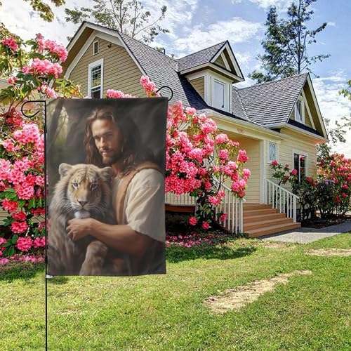 Jesus und der Tiger Poster doppelseitige Gartenflagge, 28 x 40 Zoll Hof-Außendekoration Jesus und der Tiger Poster doppelseitige Gartenflagge, 28 x 40 Zoll Hof-Außendekoration von KWQDOZF