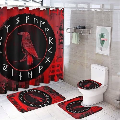 KWQDOZF 4-teiliges Badezimmer-Duschvorhang-Set mit Wikinger-Rabe, Badezimmer-Sets mit Teppichen (Badematte, U-Form und Toilettendeckel-Abdeckung), Badezimmer-Dekor-Set von KWQDOZF