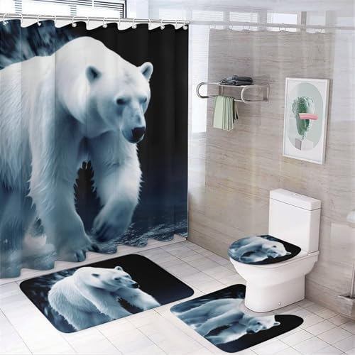 KWQDOZF 4-teiliges Duschvorhang-Set mit Eisbär-Motiv, Badezimmer-Sets mit Teppichen (Badematte, U-Form und Toilettendeckel-Abdeckung), Badezimmer-Dekor-Set von KWQDOZF