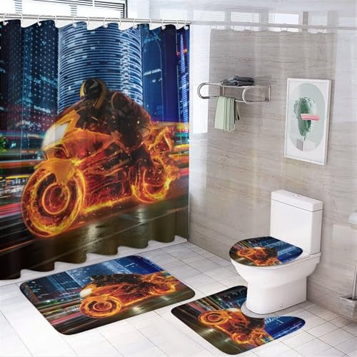 KWQDOZF Cooles, brennendes Motorrad, 4-teiliges wasserdichtes Duschvorhang-Set, Fantasy-Stadtstraßen-Feuersport-Thema, Motorradrennfahrer, mit wasserdichtem Toilettendeckel, Duschmatten und Teppichen von KWQDOZF