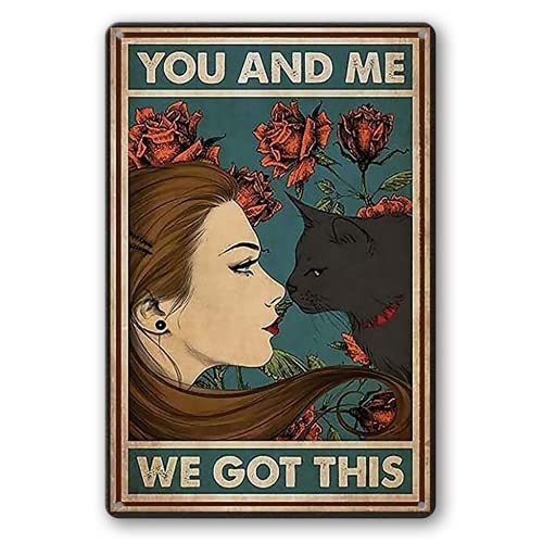 KWQDOZF Katze und Mädchen, Schwarze Katze, Vintage-Metallschild, Poster, Retro-Poster, Wanddekoration, Teller, Heimdekoration, 20,3 x 30,5 cm von KWQDOZF