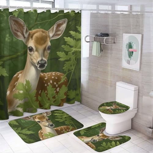 KWQDOZF Rehkitz, süßes Hirsch-4-teiliges Badezimmer-Duschvorhang-Set, Badezimmer-Sets mit Teppichen (Badematte, U-Form und Toilettendeckel-Abdeckungsmatte), Badezimmer-Dekor-Set, Stil von KWQDOZF