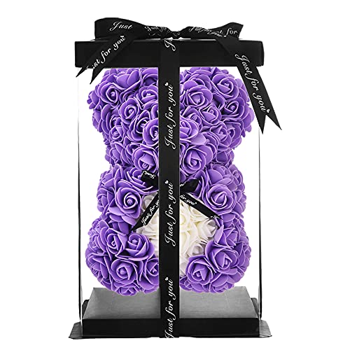 Valentinstagsgeschenk, Geburtstagsgeschenke, Rosenbär, handgefertigt, Rose Teddybär, Geschenke für Mutter, Geschenke für Mädchen, 25.4 cm, transparente Geschenkbox (lila) von KWT