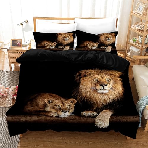 KXHHYB 3DBettwäsche Löwe 200x200 Schwarz Tiermotiv,Versteckter Reißverschluss Microfaser WendeBettwäsche,Moderne Braune Löwe Steppdeckenbezug Und Kissenbezug (Style-2,200x200cm) von KXHHYB