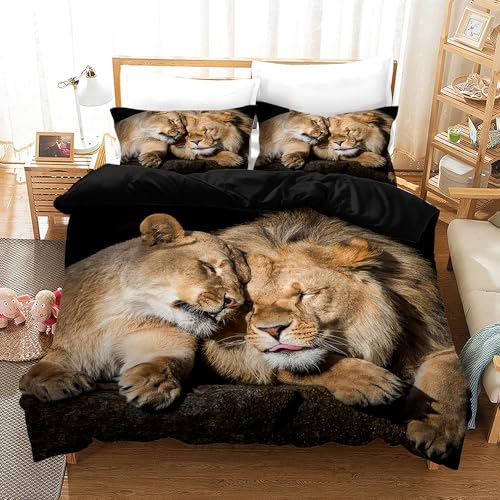 KXHHYB 3DBettwäsche Löwe 220x240 Schwarz Tiermotiv,Versteckter Reißverschluss Microfaser WendeBettwäsche,Moderne Braune Löwe Steppdeckenbezug Und Kissenbezug (Style-1,220x240cm) von KXHHYB