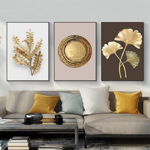 KXHHYB Gold Ginkgo Biloba Wandbilder,3er Set Poster goldene Pflanzen Blätter Poster Kunstdrucke Bilder,Wandbild Print Bilder Kunstposter Deko für Wohnzimmer-ohne Rahmen (A,50x70cm*3) von KXHHYB