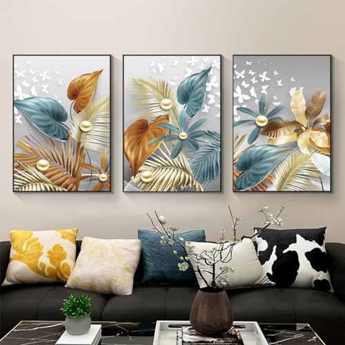KXHHYB Gold Ginkgo Biloba Wandbilder,3er Set Poster goldene Pflanzen Blätter Poster Kunstdrucke Bilder,Wandbild Print Bilder Kunstposter Deko für Wohnzimmer-ohne Rahmen (B,70x100cm*3) von KXHHYB