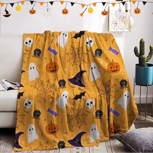 KXHHYB Halloween Decke 130x150,Fledermäuse Kürbisse Totenkopf Flanell Decke Flauschig Spinnen Webs Kuscheldecke für Sofa(Orange, 130x150cm) von KXHHYB