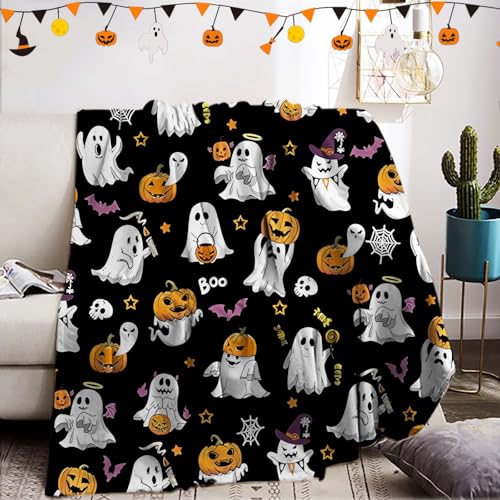 KXHHYB Halloween Decke 150x200,Fledermäuse Kürbisse Totenkopf Flanell Decke Flauschig Spinnen Webs Kuscheldecke für Sofa(Schwarz, 150x200cm) von KXHHYB