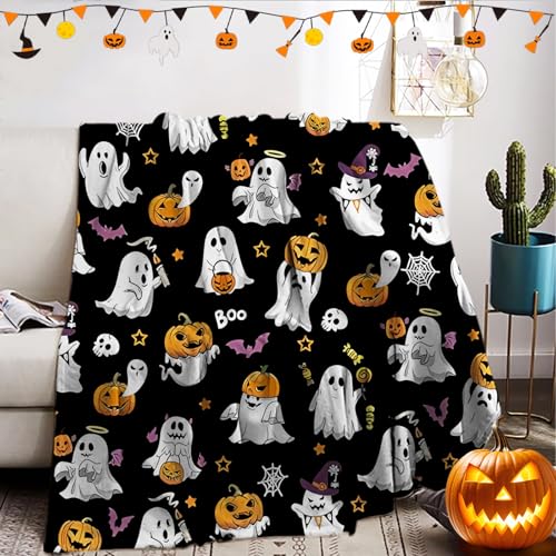 KXHHYB Halloween Decke 150x200,Fledermäuse Kürbisse Totenkopf Flanell Decke Flauschig Spinnen Webs Kuscheldecke für Sofa(Schwarz, 150x200cm) von KXHHYB