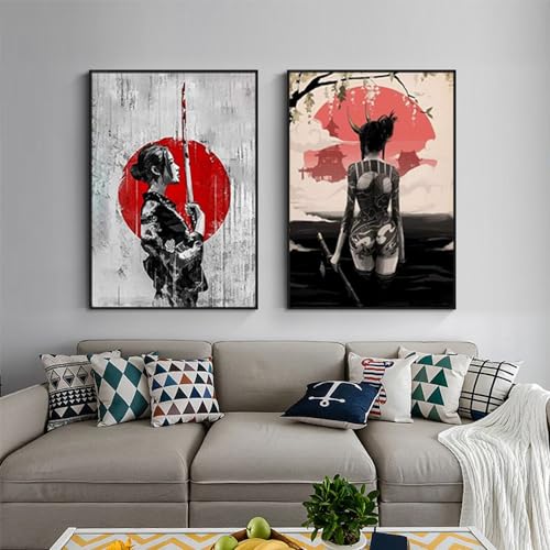 KXHHYB Japan Samurai Porträt Bilder,samurai bilder auf leinwand Wandkunst Schwarzweiss Poster für Wohnzimmer Schlafzimmer Dekor ohne Rahmen (A,70x100cm*2) von KXHHYB