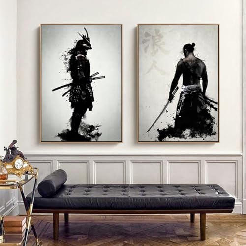 KXHHYB Japan Samurai Porträt Bilder,samurai bilder auf leinwand Wandkunst Schwarzweiss Poster für Wohnzimmer Schlafzimmer Dekor ohne Rahmen (B,70x100cm*2) von KXHHYB