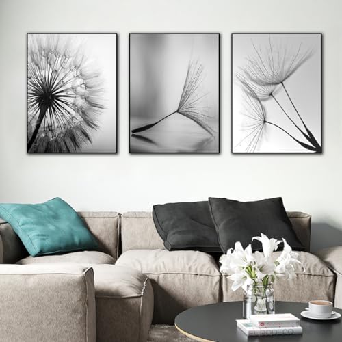 KXHHYB Schwarz Weiß Pusteblume Leinwand 3-teiliges Premium Poster Set Aesthetic Blume Wohnzimmer Schlafzimmer Wanddeko Art ohne Rahmen (A,60x90cm*3) von KXHHYB