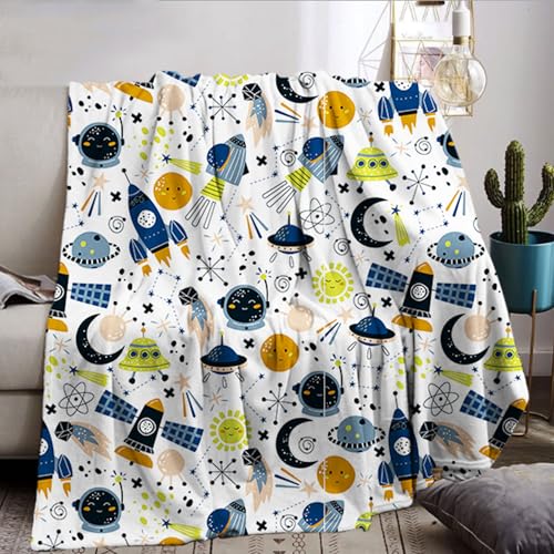 Rakete Decke 130x150cm Weltraum Rakete Wohndecke Cartoon Rakete Kuscheldecke,Sternenhimmel Planet Decke Weiche Flanell Sofadecke, Weltraumrakete für Kinder Junge (A, 130x150cm) von KXHHYB