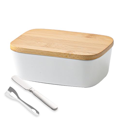KXKJRYB Butterbehälter mit Deckel und Messer – Keramik-Butterdose für Küchenarbeitsplatte und Kühlschrank (weiß) von KXKJRYB