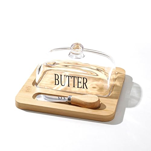 KXKJRYB Butterdose aus Glas mit Deckel und Messer, große Butterdose, Butterhalter, Heimdekoration für Arbeitsplatte, Theke oder Tisch (Holzfarbe) von KXKJRYB