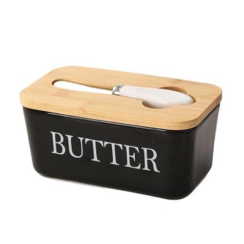 KXKJRYB Butterdose aus Keramik mit Deckel und Messer, Butterbehälter, luftdichter Butterbehälter für Arbeitsplatte und Kühlschrank (Schwarz, 600 ml) von KXKJRYB